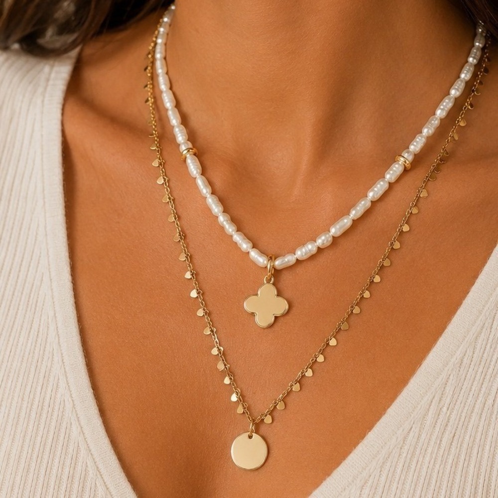 Joan Rivers Layered Necklace Set Baroque Pearl Quatrefoil Charm Gold Tone
